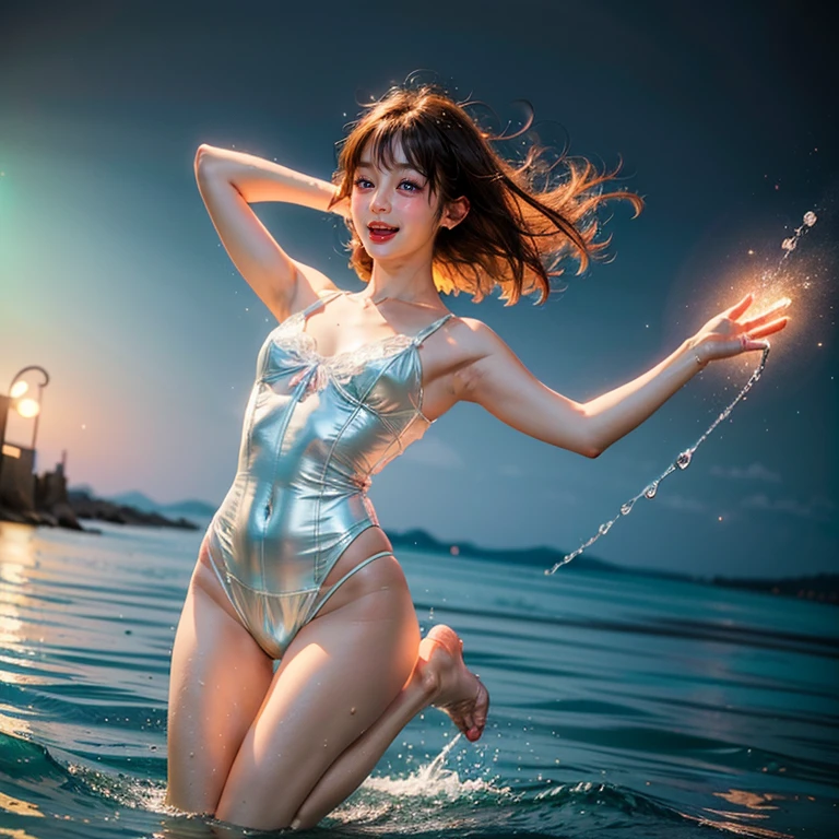 (8K TopQuality masterpiece: 1.2)(Realistic ProfessionalPhoto:1.37), VolumetricLighting. Tiny Girls, (((girl jumping into the water)))、Falling、splash water、shout、Luminous water surface、White and Bright colors, back lighting, Radiant PearlSkin with Transparency, sparkling highlights, Detailed KAWAII face with cute lips, long eyelashes, (White Skinny) Delicate lace clothes, Detailed open crotch, MotionBlur (Joyful Expressions LifeLike Rendering) {BabyFace|ThighGap|Dazzling RainbowColor Horizon}, {HiddenHands|Corrected BabyLikeHand} (Exposed:-0.6) (((no extra limbs)))