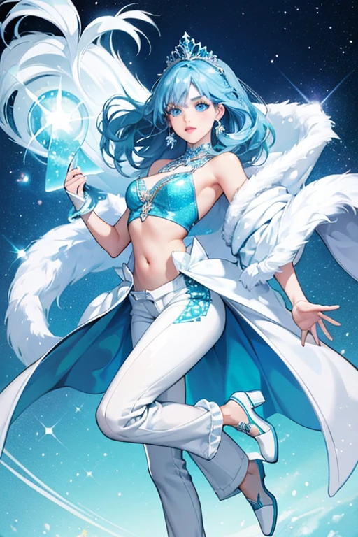 A fair skinned with blue hair, blue eyes, and white lipstick. She wears a sparkly green top with white fluffy scarf, blue sparkly pants. and white shoes. She also wears a blue tiara. SPARKLE; GLITTER