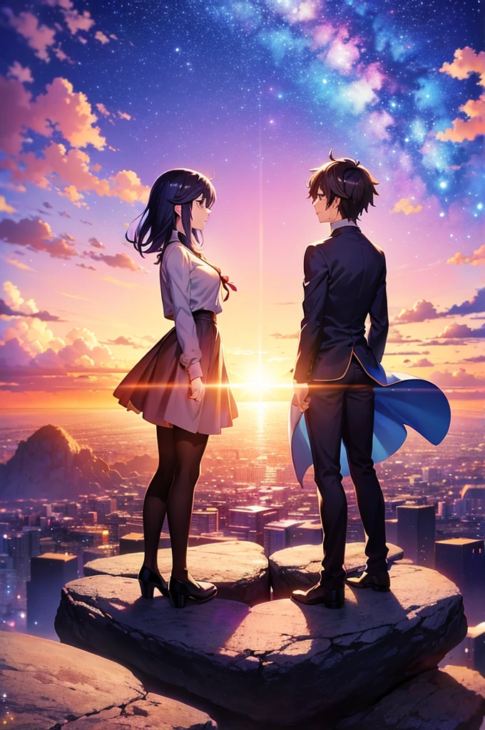 Anime scenery of two people standing on a rock looking at the sky ...