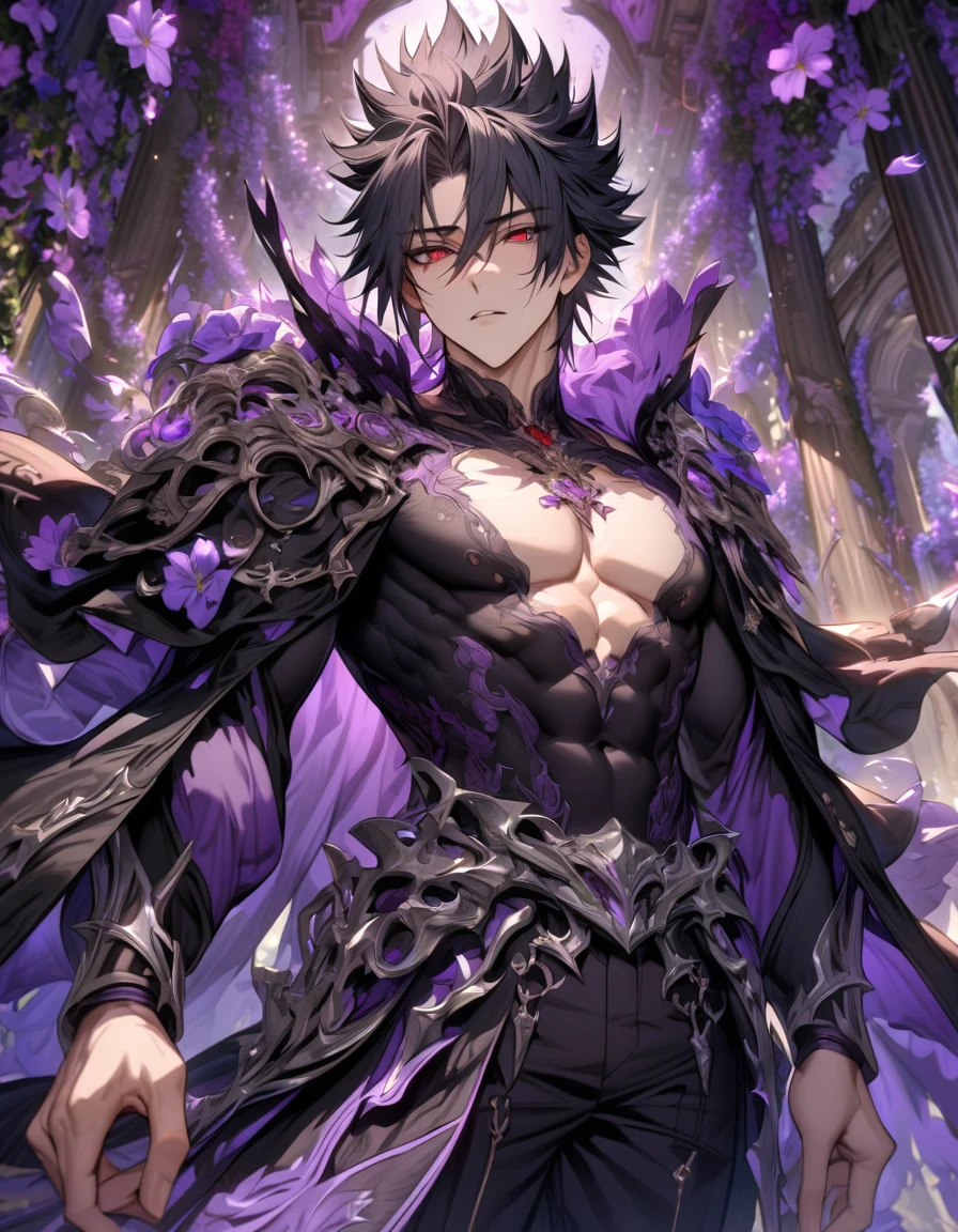 absurdres, highres, ultra detailed, HDR, master piece, best quality, Byleth, dark blue hair, expressive blue eyes, Fire Emblem Three Houses, solo, sexy man, handsome, black cape, black armor, black gloves, patterns, toned chest, glass stained window, pink shining butterflies, pink lilies, pink petals, water