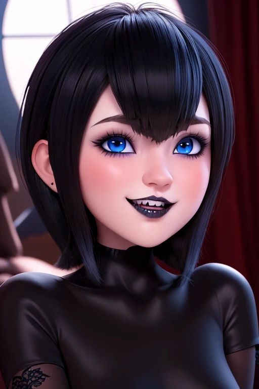 Masterpiece, Best Quality,  gothic girl ,bite,  impresionantes teeth fangs,  perfect detailed 12k, perfect asymmetrical and detailed face, blue eyes white skin ,gothic makeup,  short black hair with bangs, full HD imagen 1.2 full body