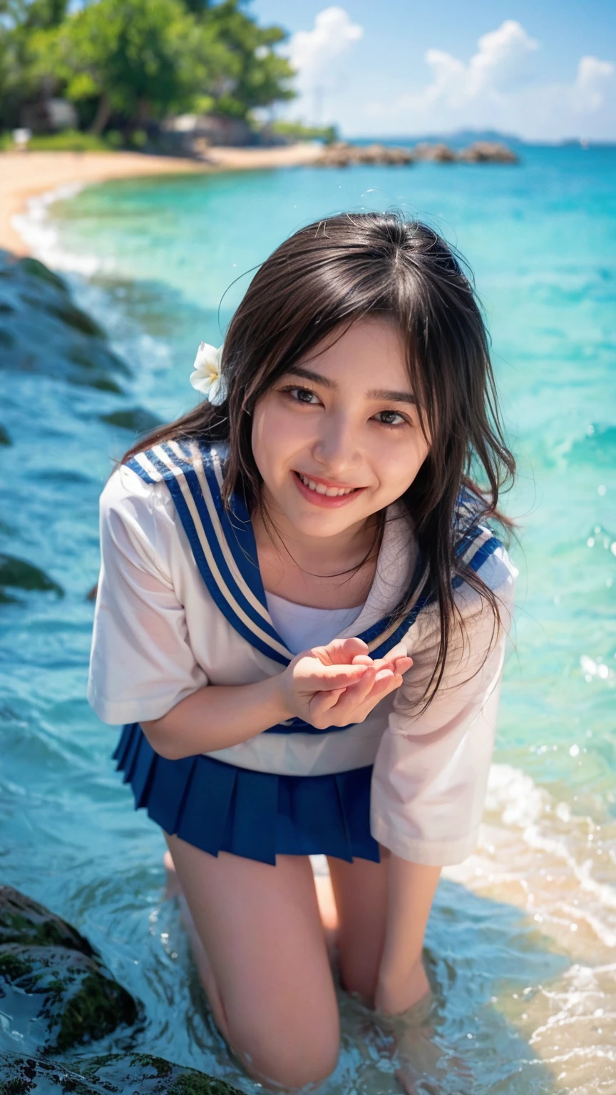 nsfw,Highest resolution,Highest quality,detailed,Posing with a cute smile in the marine blue sea,( girl with big boobs:1.5)、(Summer uniform:1.5),白いmicro-bikini,pull-out-panties 、Clear marine blue water、reflected in water. Thigh fetish images、Glossy thighs、白い小さなビキニとSummer uniform