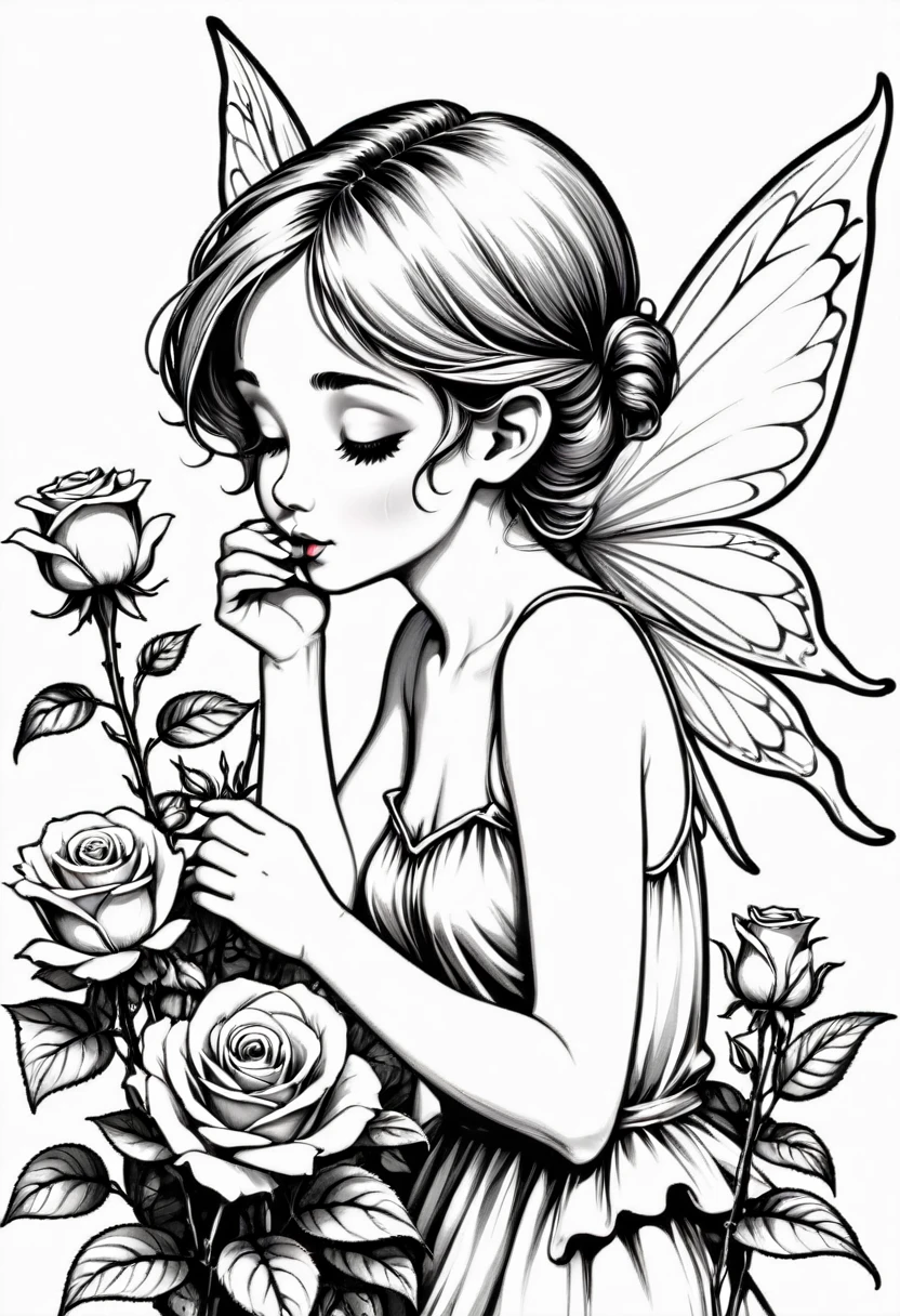 line drawing of a little FAIRY smelling roses, the fairy must be tiny, On white background, monochrome, black andwhite, no shadows, white background