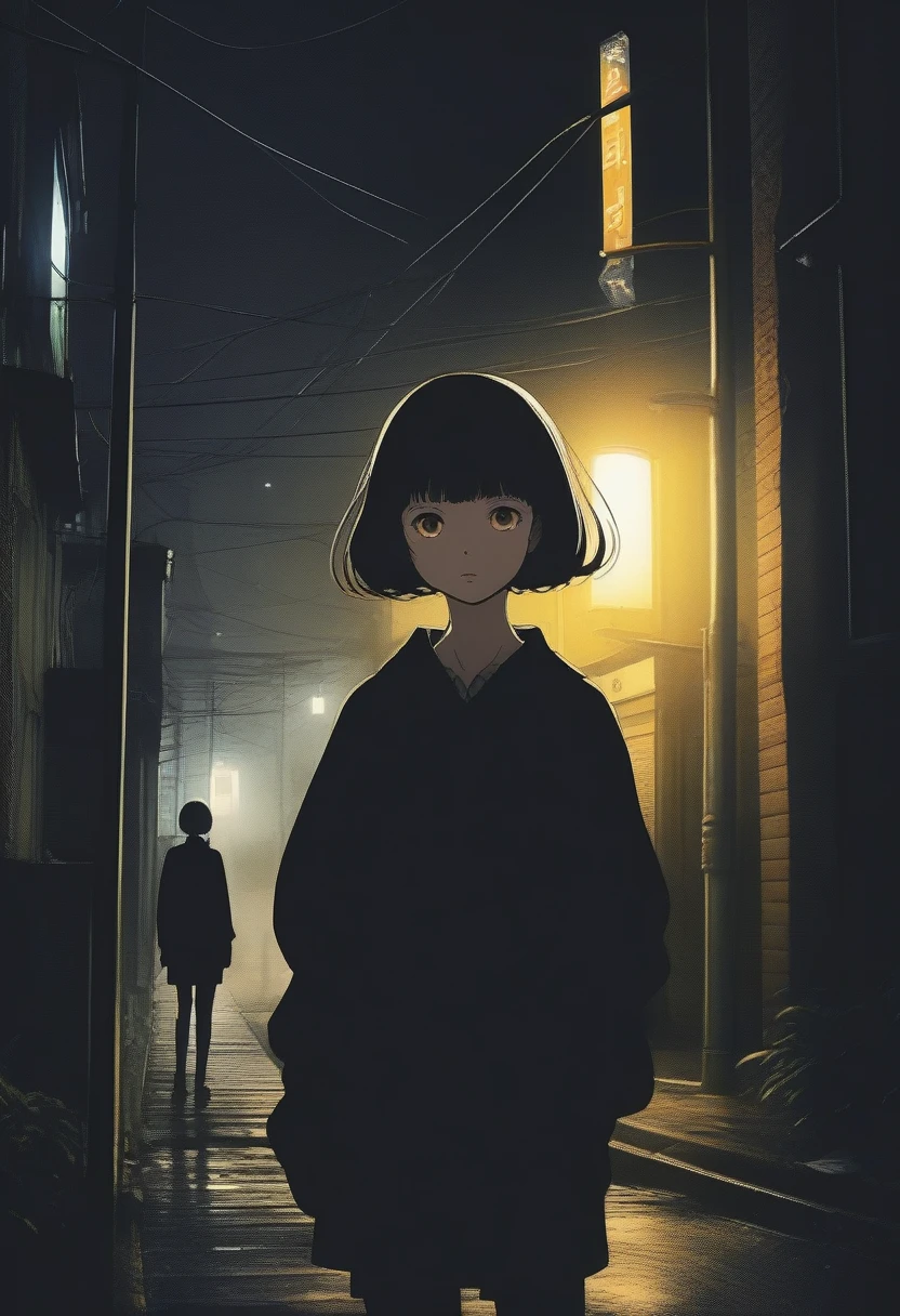 score_9, score_8_up, score_7_up, score_6_up, score_5_up, score_4_up, source_anime, 2.5D, slightly creepy cute girl, pixie cut, yellow cat-like eyes, looking out from the shadows of a streetlight in a dark residential area, retro atmosphere like that of Osamu Tezuka's work, sci-fi horror cute dark fantasy