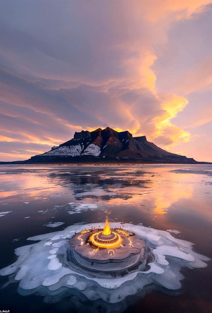 quarter top view of an island surrounded by an ocean with an active volcano at the center with gold mines, barren desert all around with villages, red sky, dark clouds