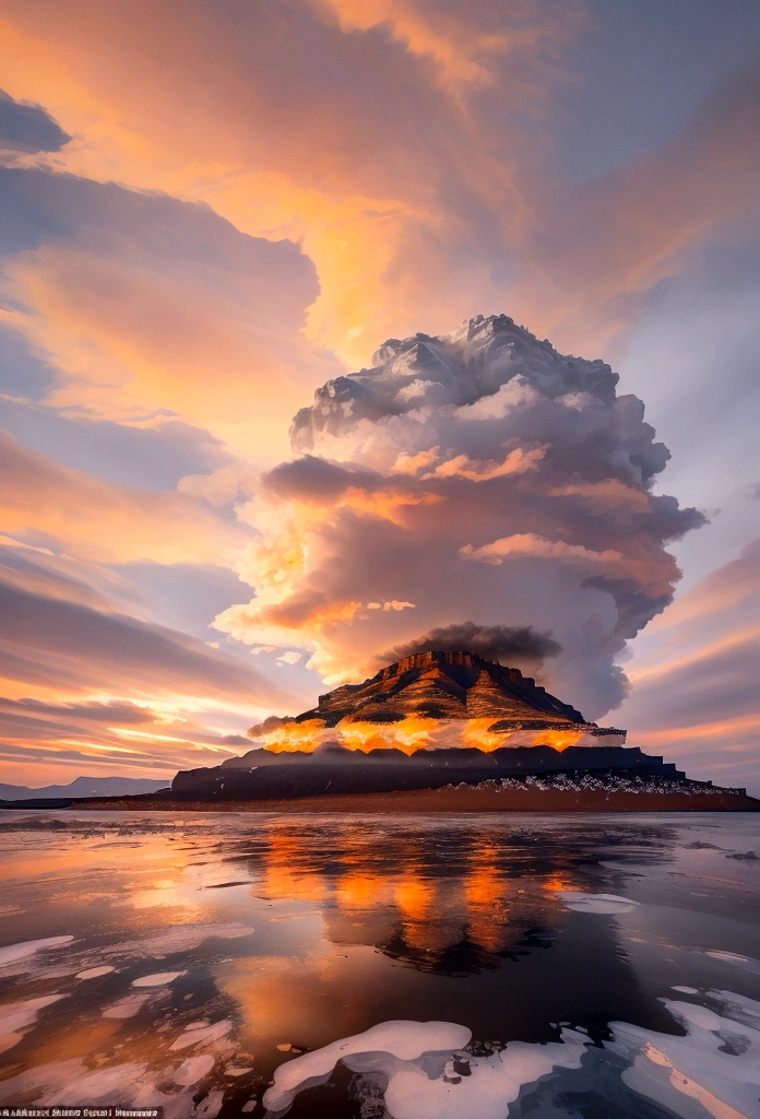 quarter top view of an island surrounded by an ocean with an active volcano at the center with gold mines, barren desert all around with villages, red sky, dark clouds