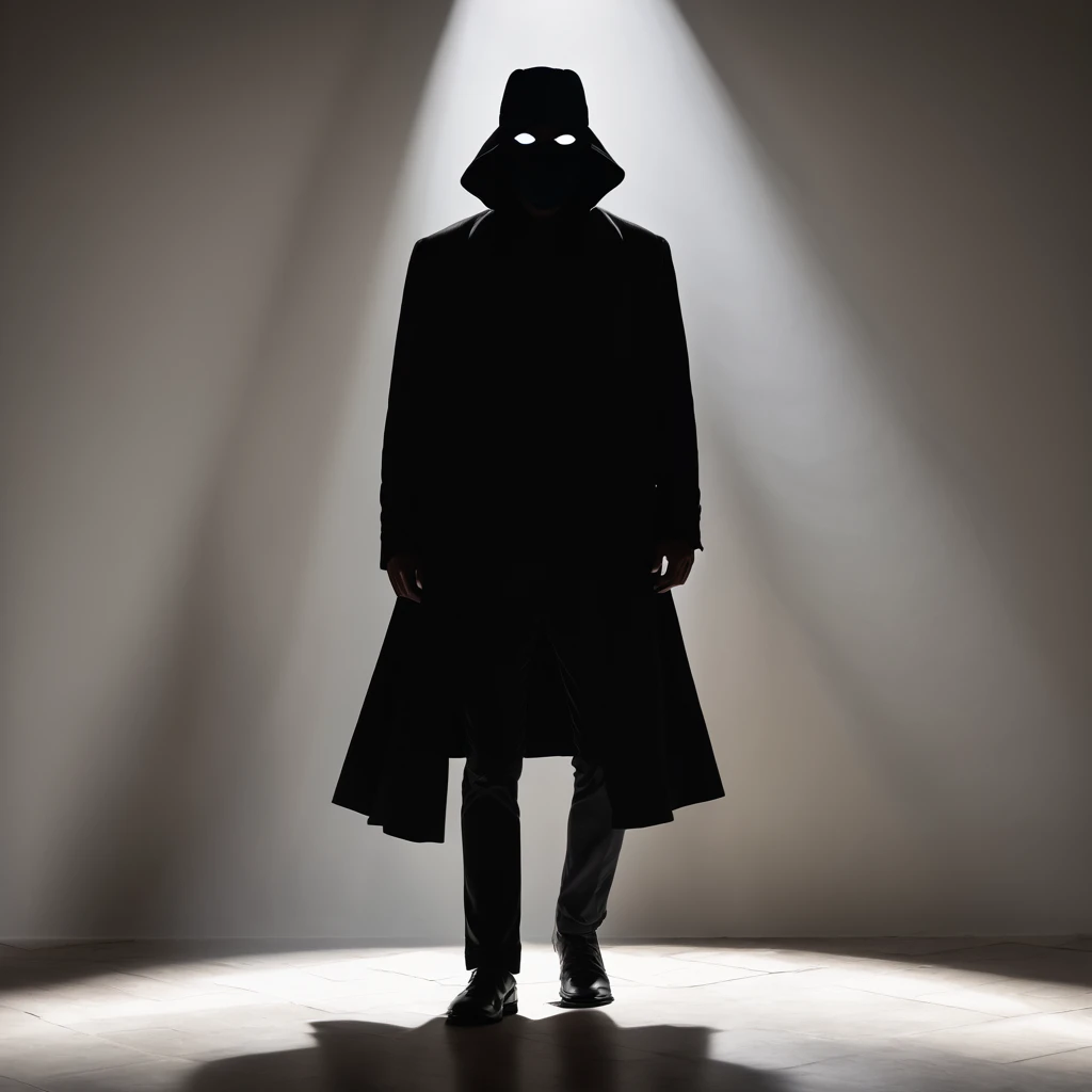 A silhouette of a mysterious man is masked amidst the shadows