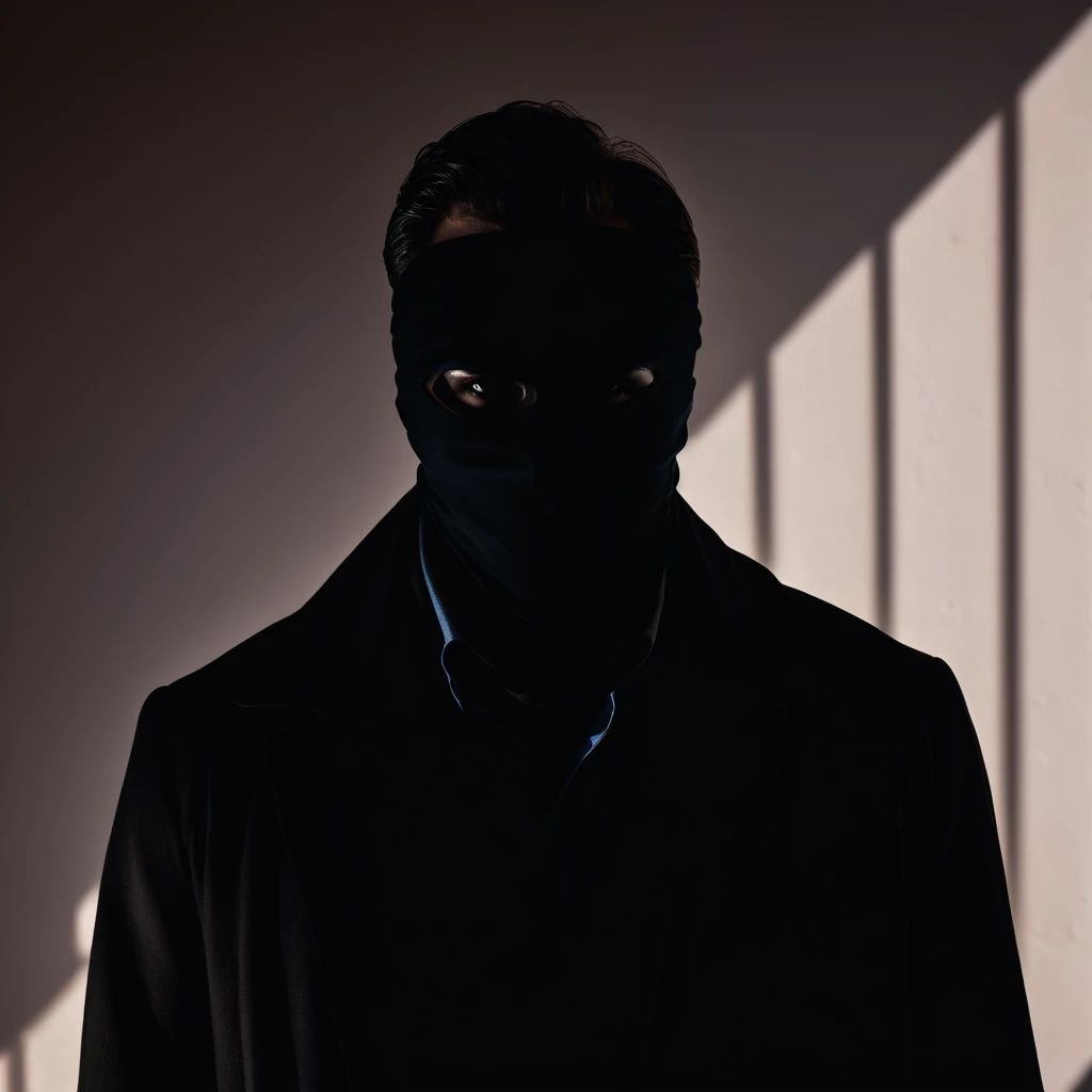 A silhouette of a mysterious man is masked amidst the shadows