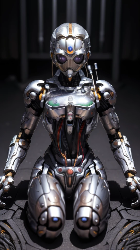 Full body like，(((masterpiece))), (((best quality))), ((ultra-detailed)), (CG illustration), ((an extremely devious and beautiful)),cinematic light ,((1 mechanical girl)),solo person,(Machine-made joints:1.4),((Mechanical limb)),(Blood vessels connected to the tube),((The mechanical spine is attached to the back)),((The mechanical cervical vertebrae are attached to the neck),((facing away from the audience)),face expressionless,(Wires and cables are attached to the head and body:1.5),sci-fy,Eschatological,废墟