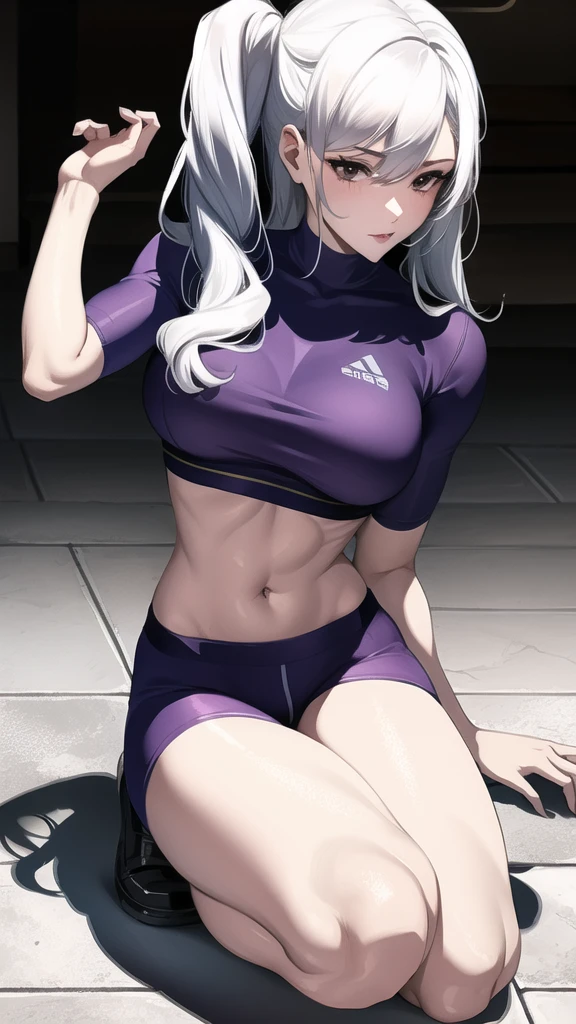 ((Highest quality)), ((masterpiece)), (detailed), One girl, Gray Hair、Medium breast、ponytail、high school girl、Gym suit、Thighs、Very short shorts、Panties are slightly visible、White panties