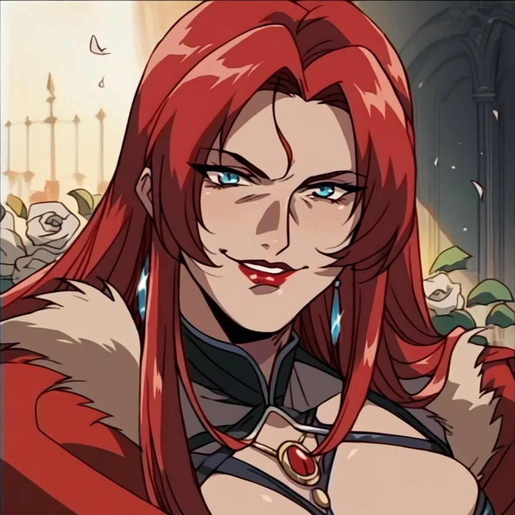 rating_explicit, beautyful mature woman, black low-cut dress, red jacket, redhair, red hair, long hair, blue eyes, red lipstick, encorped body, evil smile