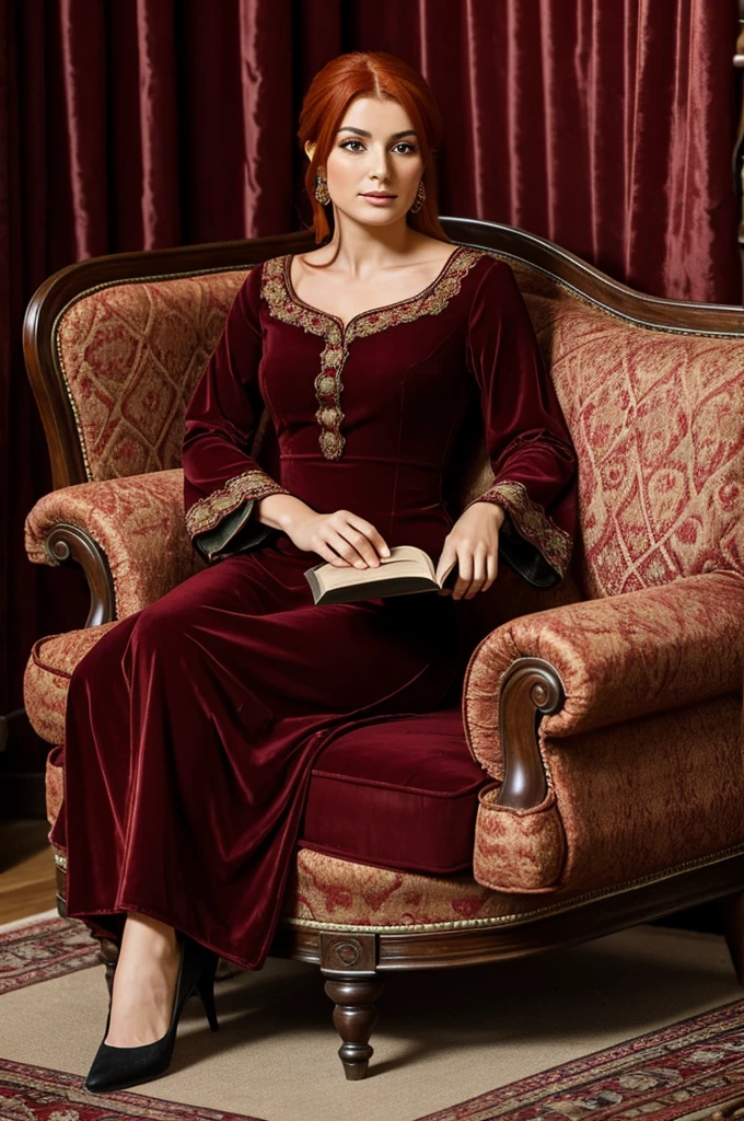 big , big bount, women, sexly, red transparent path cloak, red ruby crown. Sitting in the armchair with the cloak slightly open, seducing anyone who looks at you.