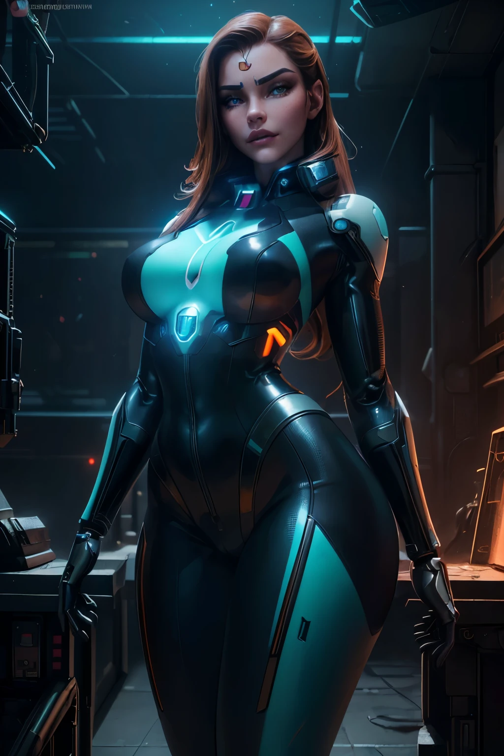 Alison Tyler as a realistic cyborg and intricate face of perfect beauty, sharp galaxy detailed glowing eyes, face detailed, (((from face to waist))), (((fine beauty shape))), ((in sci-fi plugsuit, mechanical metal parts with realistic neon lighting)), (work of art), 4K, ultra HD
