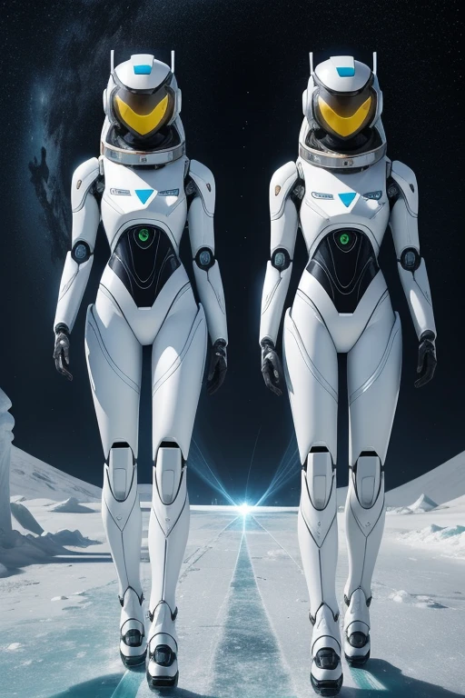 2 sophisticated and futuristic robots are in their right hands ready to fire a laser beam from their hands. floor , Daytime lighting in a frozen environment, floor com neve,  astronaut wearing space suit is walking on the ice planet and observes something impressed by an alien structure , full body photography full body image. Environment overview. He is accompanied by a terrestrial exploration robot.. Full body photography Full body photography different angles of the image. Different image angles 