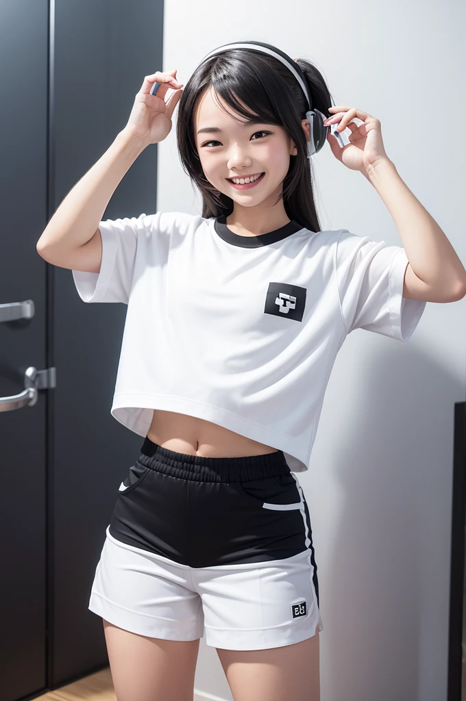 young，(mini skirt)，T-Shirts， Girls，Delicate body， body，Delicate body，，Small breasts，short，Black-haired，Twin tails，ponytail，Dry riverbed