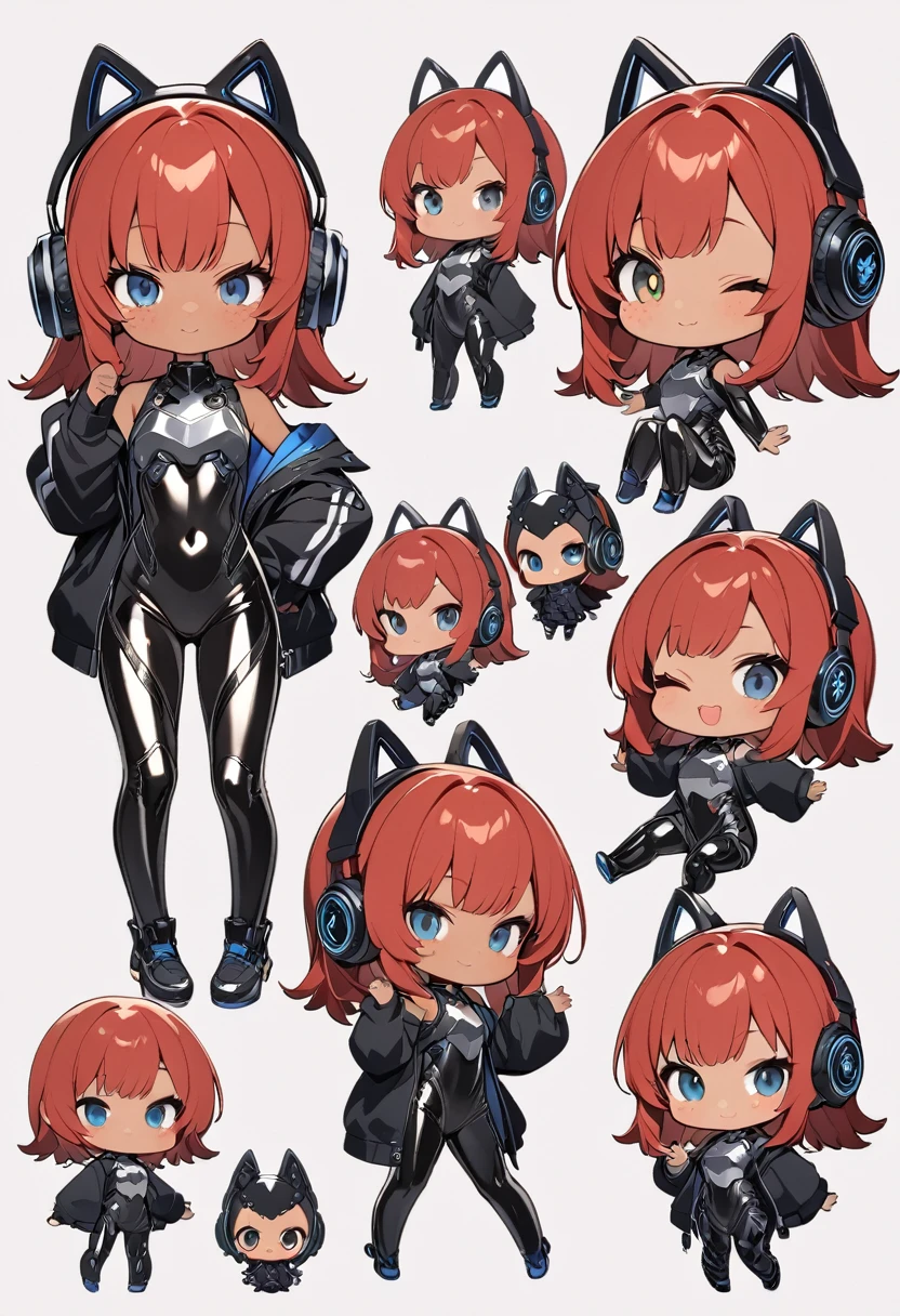 full body,1 girl,(cute:1.3),short, spiky, red Hair, left eye blue, right eye yellow, tan skin, freckles,｛White breastplate, Black futuristic headphones, Mechanical black glossy metallic Bodysuit, Bare shoulders, oversized jacket, Glossy, shiny material,chibi emote, chibi character, character reference sheet
