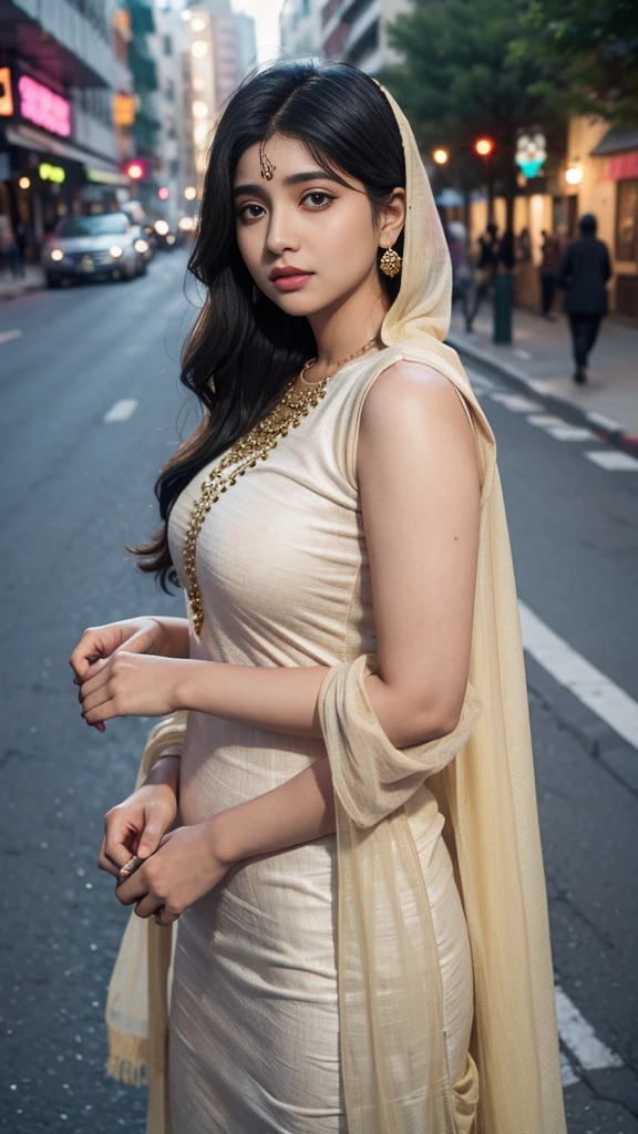 (((Desi Girl))), chubby face, Natural Skin, Wearing a hot deep necktop and dupatta, Attractive black hair, ((The ends of the hair are blonde)), city street background, Bokeh