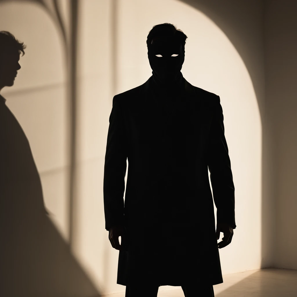 A silhouette of a mysterious man is masked amidst the shadows