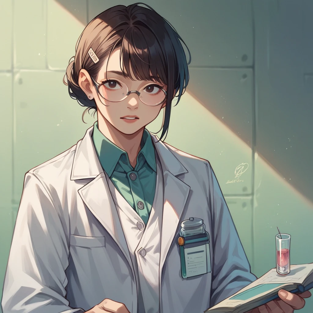 asian girls with black glasses in a lab coat, hair is framed lightly around face, looks thai with lighter skin, stethoscope around neck, with an eyesmile and dimple on one side, medium sized nose, mole under left eye, medium boobs, plump lips, close up
