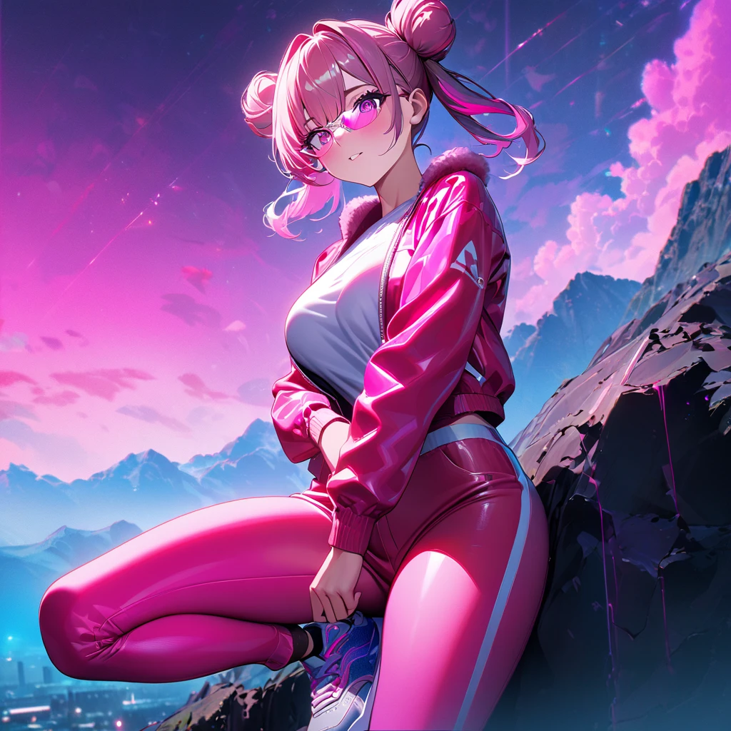 A woman wearing hot pink leather jacket, open jacket, wearing a white shirt with pink string, pink sports pants, sports sneakers, big breasts, hot pink hair, pigtail hair buns, gray bangs, multicolored hair, pink eyes, pink glasses, on a platform synthwave, synthwave aesthetics in place, synthwave sky, mountains in the background, synthwave lawn, UHD , prime work , accurate , anatomically correct , textured skin , super details , high quality , best quality, 8k, high resolution, bokeh effect. (woman alone),
