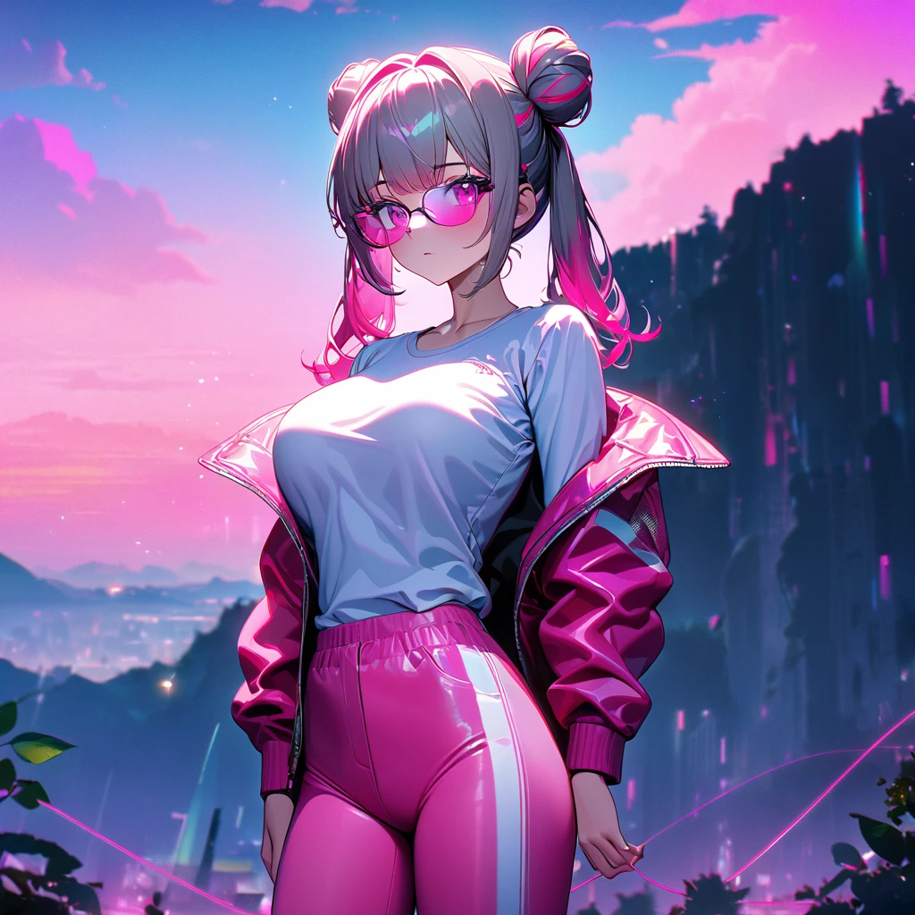 A woman wearing hot pink leather jacket, open jacket, wearing a white shirt with pink string, pink sports pants, sports sneakers, big breasts, hot pink hair, pigtail hair buns, gray bangs, multicolored hair, pink eyes, pink glasses, on a platform synthwave, synthwave aesthetics in place, synthwave sky, mountains in the background, synthwave lawn, UHD , prime work , accurate , anatomically correct , textured skin , super details , high quality , best quality, 8k, high resolution, bokeh effect. (woman alone),
