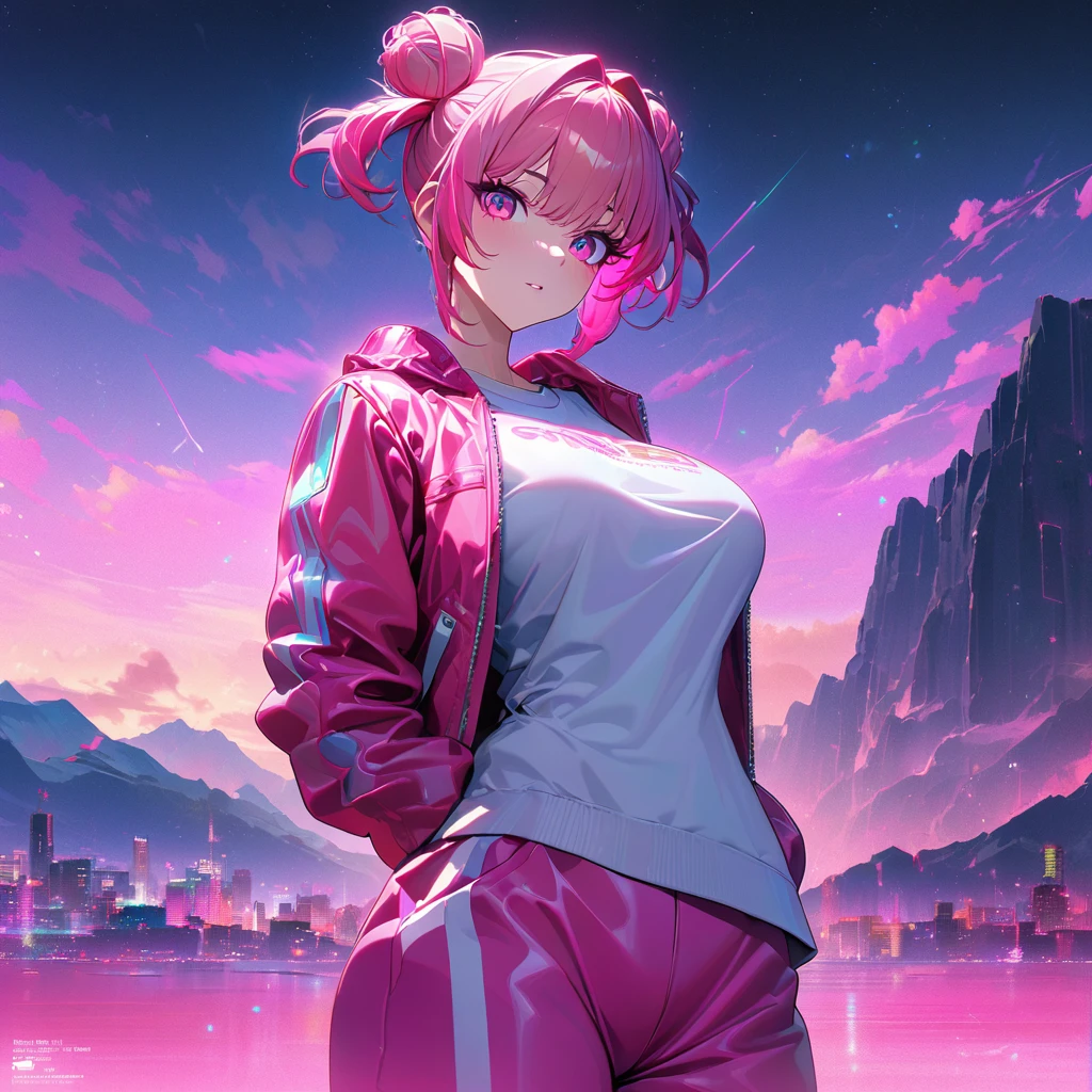 A woman wearing hot pink leather jacket, open jacket, wearing a white shirt with pink string, pink sports pants, sports sneakers, big breasts, hot pink hair, pigtail hair buns, gray bangs, multicolored hair, pink eyes, pink glasses, on a platform synthwave, synthwave aesthetics in place, synthwave sky, mountains in the background, synthwave lawn, UHD , prime work , accurate , anatomically correct , textured skin , super details , high quality , best quality, 8k, high resolution, bokeh effect. (woman alone),
