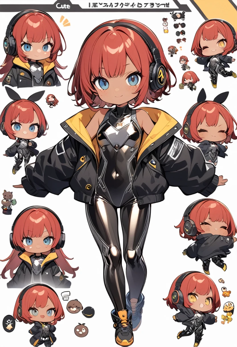 full body,1 girl,(cute:1.3),short, spiky, red Hair, left eye blue, right eye yellow, tan skin, freckles,｛White breastplate, Black futuristic headphones, Mechanical black glossy metallic Bodysuit, Bare shoulders, oversized jacket, Glossy, shiny material,chibi emote, chibi character, character reference sheet
