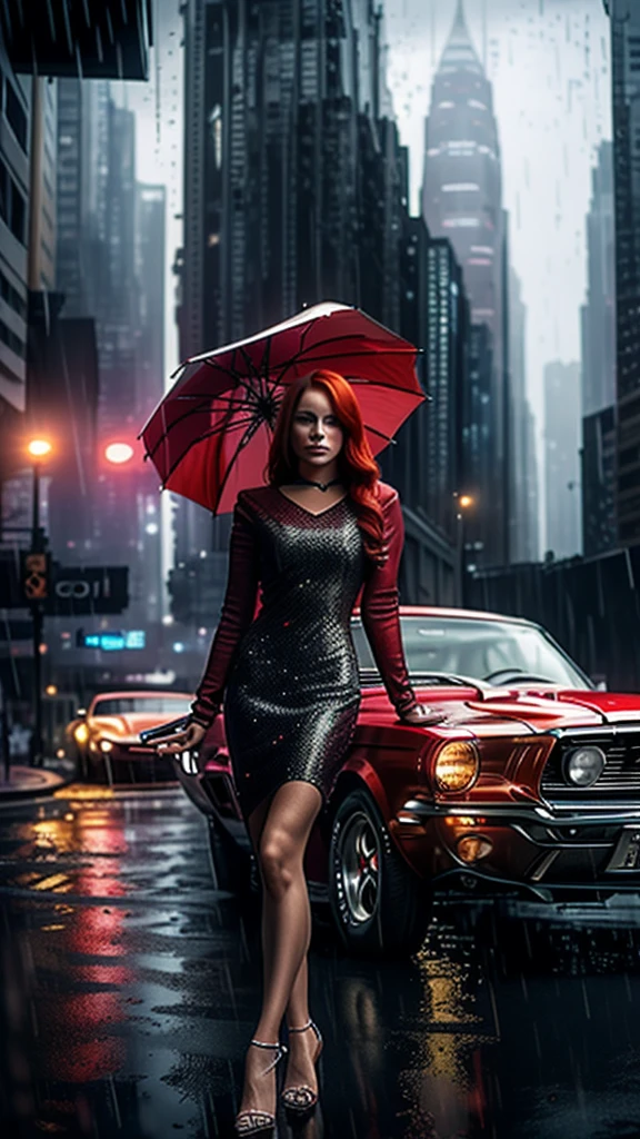 A beautiful woman redhead, with a red umbrella, in a rain day,  at blue hour, infront a clasic mustang car 70's. In a modern city, with skyscrapers. Cinematic style, light and shadows, ultra realistic, with great details. Master piece. Photography style. Wide view, american plan view.  