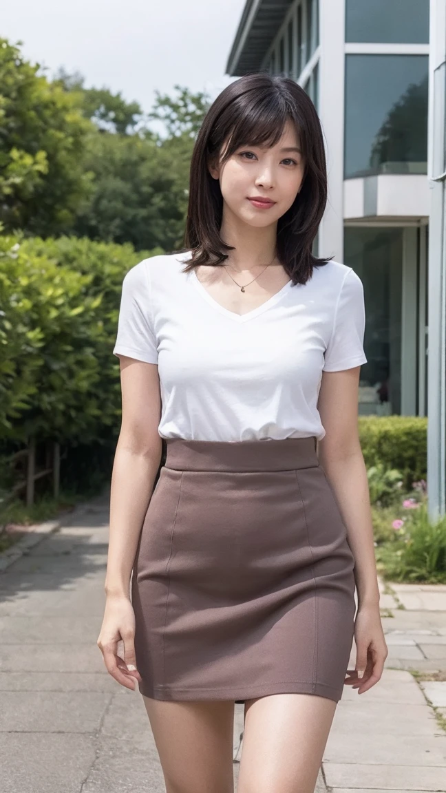 (((8K、High resolution、Highest quality、High resolution))),alone、Natural body shape、White skin、Natural Makeup、Black Hair、bangs、 Long Hair、,Looking into the camera、Outdoor,(Business look), Ribbed short sleeve V-neck, Formal tight mini skirt , necklace、((Full body photo))