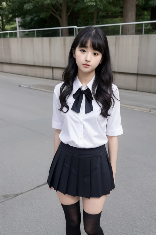 A full body pictures of japanese girls in uniforms with black pleated skirt, black shoes, cute pose, cute faces, wavy and curlyhair with bangs, standing, crossed legs, detailed, photography, clear faces, 4K, Hd, hyper-realistic, shooted using Canon DSLR camera, look towards camera