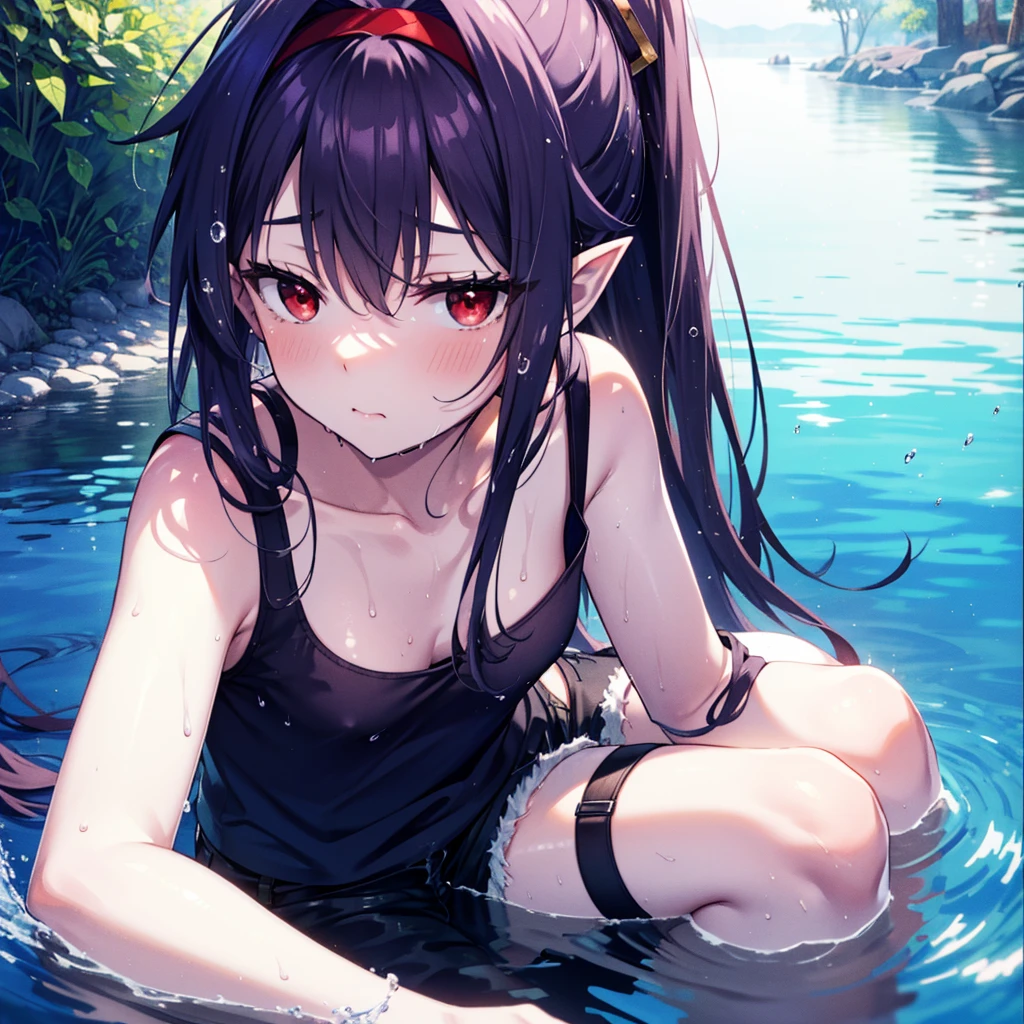 yuukikonno, Yuki Konno, hair band, Long Hair, Pointy Ears, Purple Hair, Sweat,Wet Skin,Wet Hair,(Red eyes:1.5), (Small breasts:1.2), Purple Tank Top,Wet clothes,Shorts,barefoot,Holding a hose with water coming out,Water Play,Clear skies,Daytime,whole bodyがイラストに入るように,
break looking at viewer, whole body,
break outdoors,family,
break (masterpiece:1.2), Highest quality, High resolution, unity 8k wallpaper, (shape:0.8), (Beautiful details:1.6), Highly detailed face, Perfect lighting, Extremely detailed CG, (Perfect hands, Perfect Anatomy),