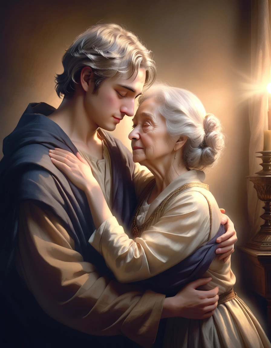 beautiful young man, old woman, romantic relationship, loving embrace, soft lighting, muted colors, tender, intimate, emotional, nostalgic, sentimental, dreamlike, (best quality,4k,8k,highres,masterpiece:1.2),ultra-detailed,(realistic,photorealistic,photo-realistic:1.37),intricate details, cinematic composition, warm tones, chiaroscuro lighting, dramatic shadows, classical painting style