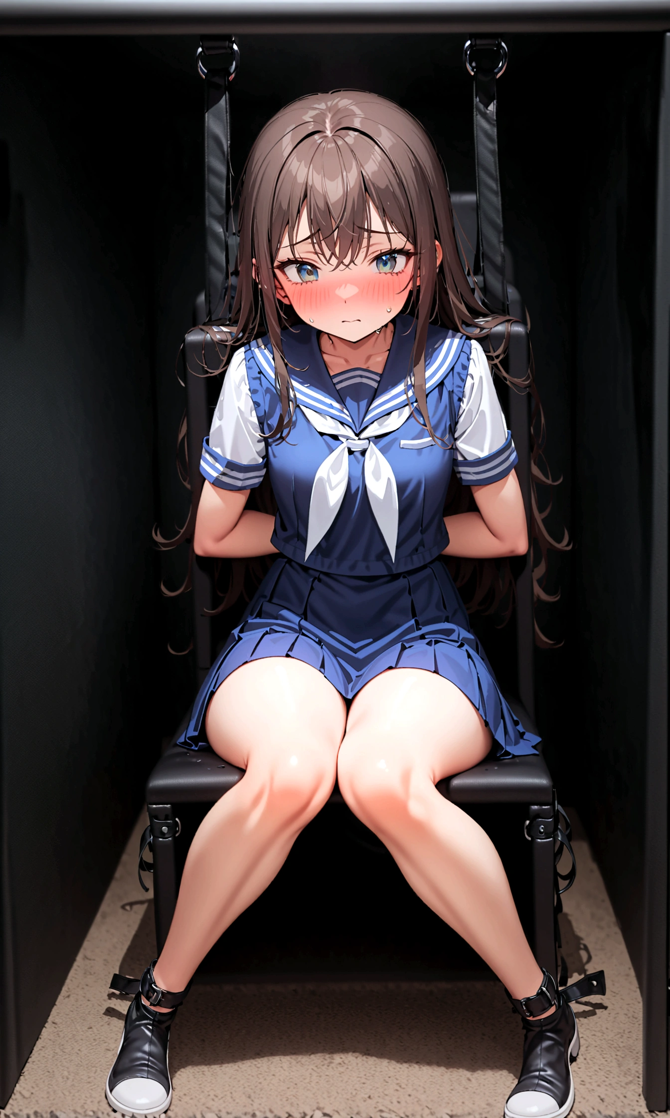 2 girls, ((inside tiny room, strapped to chairs)), (sitting:1.5), (bondage chair:1.5), (blushing:1.5), (open legs:1.5), ((basement, metal room)), (((3 girls, group of girls))), (inside torture room), arms to sides , wrist cuffs, ankle cuffs, (((worried, teary eyes, struggling))), ((short sleeve,  sailor uniform, tight clohing)), arms to sides, long hair, dark hair, saphire eyes, perfect body, perfect face, detailed face, detailed eyes, 16K