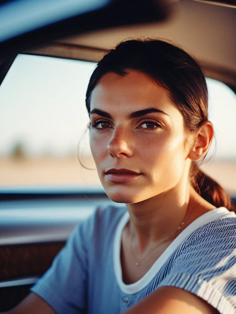 cinematic photo professional close-up portrait photography of the face of a beautiful (((ohwx woman))) driving a 1970s car, Nikon Z9 . 35mm photograph, film, bokeh, professional, 4k, highly detailed