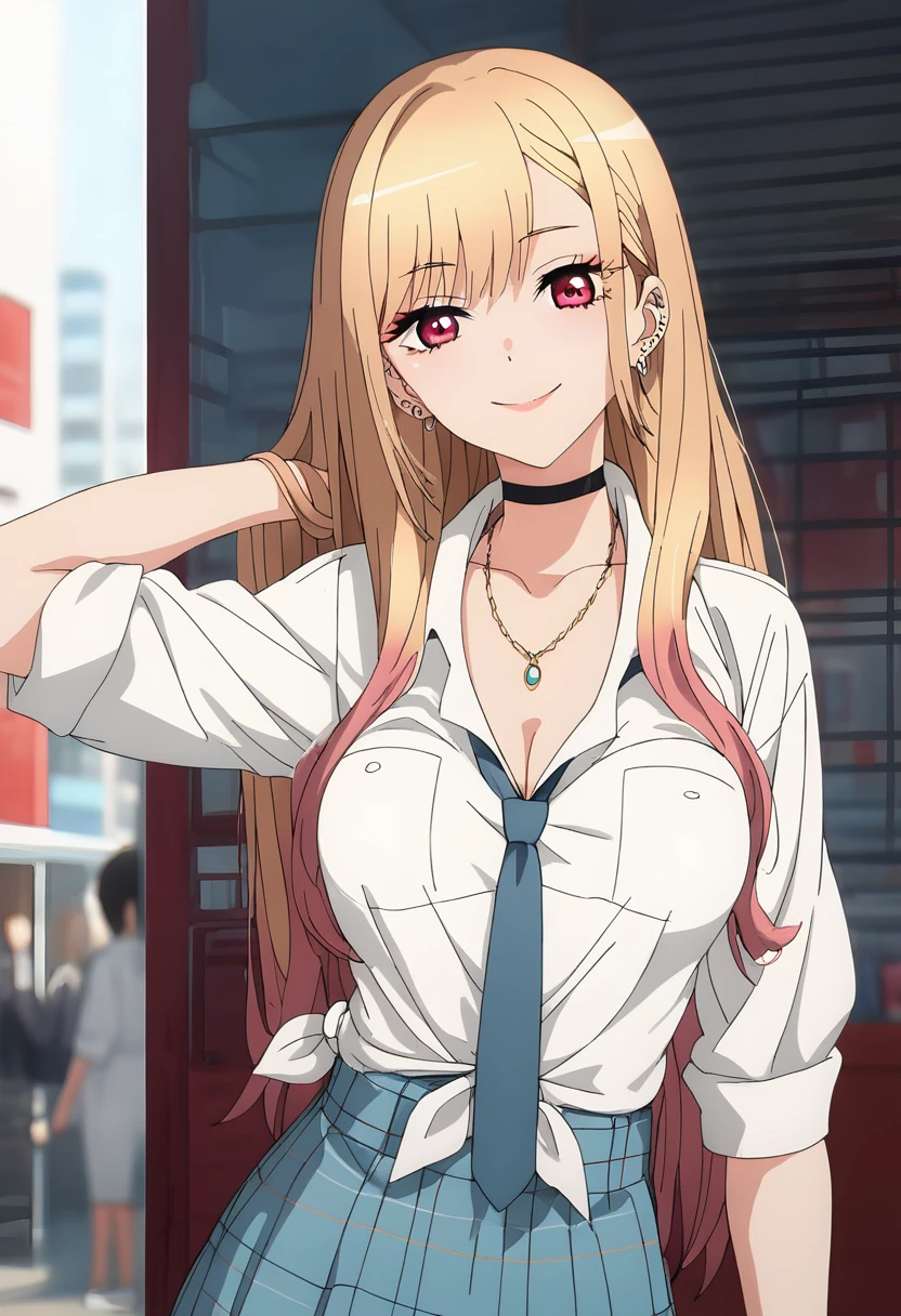 (score_9_up, score_8_up, score_7_up), (masterpiece, best quality, ultra detailed, intricate details, source anime, high resolution, smooth lines), kitagawa marin, 1girl, solo, long hair, breasts, looking at viewer, smile, bangs, blonde hair, large breasts, red eyes, jewelry, medium breasts, multicolored hair, earrings, choker, necklace, black choker, piercing, ear piercing, , white shirt, tied shirt, blue necktie, plaid skirt, anime,