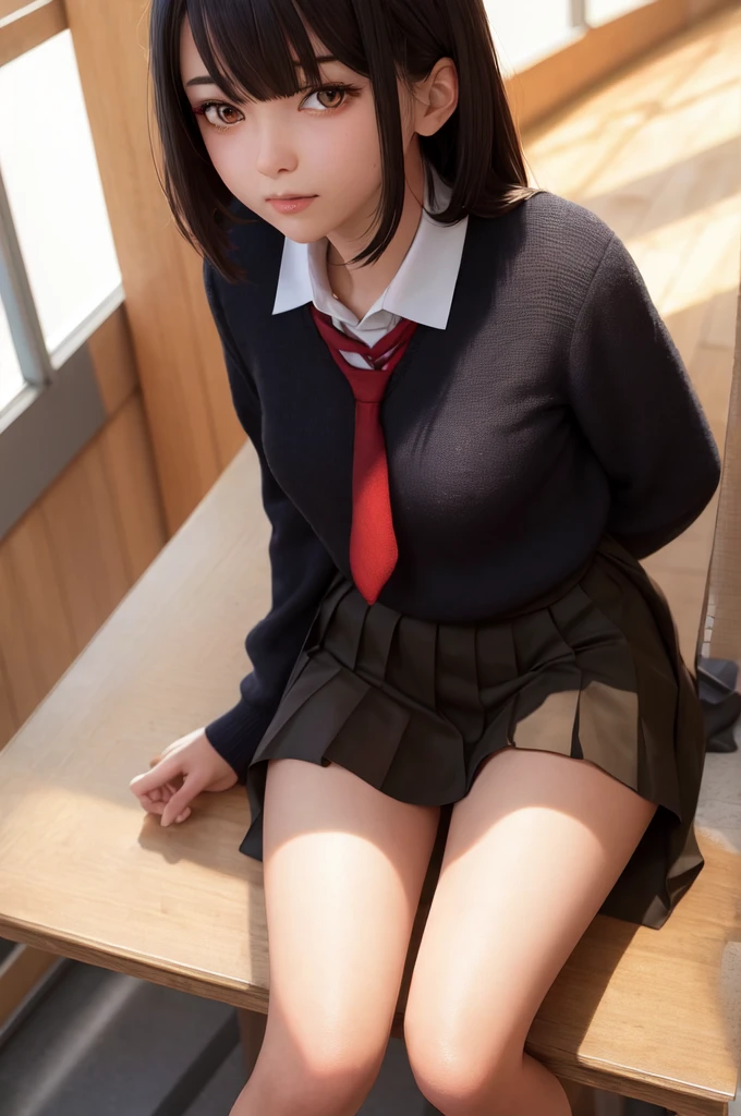 underwear, photo of 20 y.o lady, cute, panties, ((kpop idol)), lace panties, sitting, pantyshot, spread legs, skirt, school uniform, white panties, socks, black hair, shirt, blurry, blurry background, kneehighs, white shirt, loafers, realistic, long hair, lips, brown eyes, black socks, bowtie, pleated skirt, bow, head rest, looking to the side, outdoors, brown footwear, masterpiece, best quality, ultra-detailed,