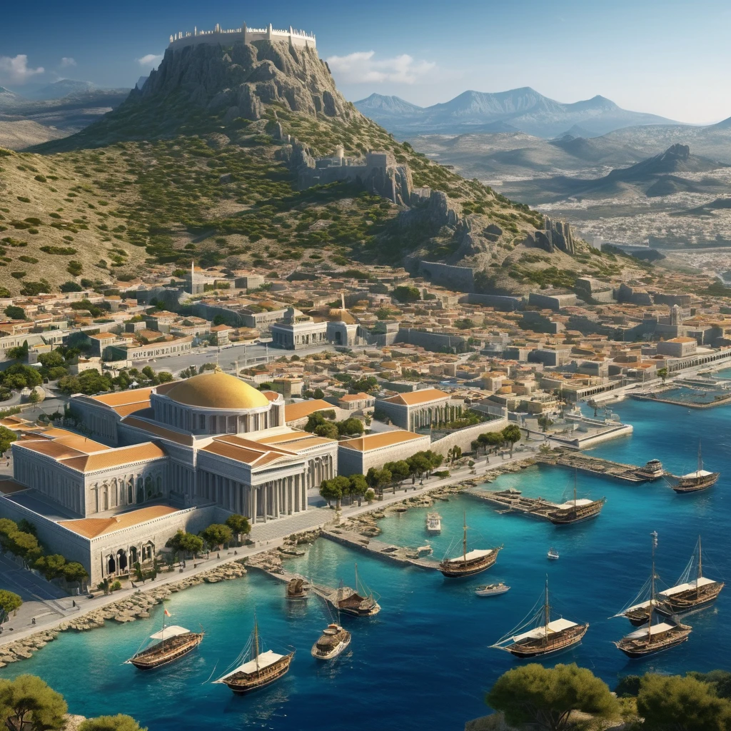 Port city surrounded by mountains inspired by Santorine and Rhodes, with huge colossus at the entrance, boats and caravels, the sea and a temple in the center.