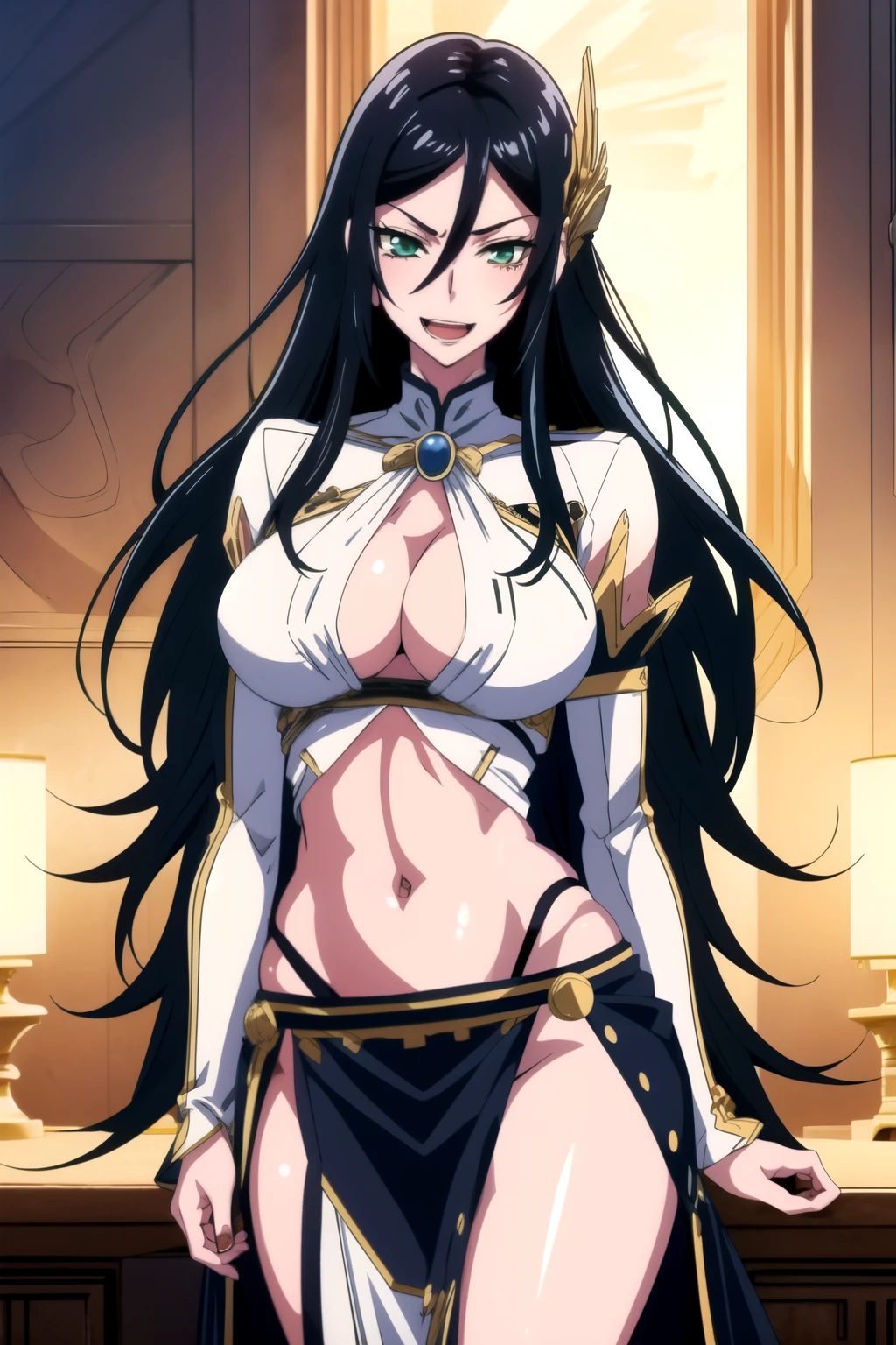 1girl, solo, green eyes, black hair, long hair, valkyrie, blush, lipstick,, masterpiece, best quality, highly detailed, fantasy , a anime girls in armored dress holding a sword
posing for a picture, evil smile, smile, open mouth, breastplate with open cleavage, cleavage, warrior
outfit, ecchi anime style, anime girls, ecchi style, (nsfw) not safe for work, ecchi, digital anime art!!, in
anime style, official artwork, visual novel cg, beautiful anime girl, anime style 4 k , loincloth, exposed
belly, exposed navel, exposed midriff, exposed lower belly, pencil skirt armored, castle,inside castle