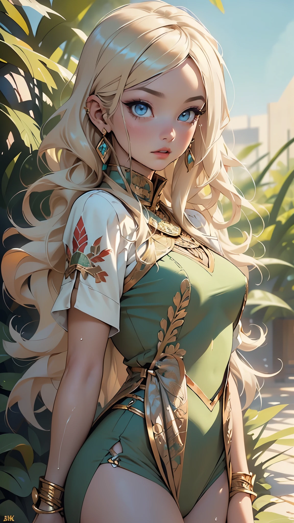 arabian girl,1girl,
(large breasts:1.4),((((long blonde hair,blonde hair,colored inner hair)))),(((blue_eyes:1.3))),intricate eyes,beautiful detailed eyes,symmetrical eyes,((((lustrous skin:1.5,tanned skin,bright skin: 1.5,skin tanned,shiny skin,very shiny skin,shiny body,Reflective skin)))),(spider lower abdomen,narrow waist,wide hip,athletic body,inflated legs,thick thighs,(detailed face)),beautiful detailed lips,
cute,slutty,sensual,seductive look,seductive,((erotic)),opulent,sumptuous,((nsfw)),
((arabian princess:1.5),Wearing a complex headscarf,Long vest,Gold embroidery and jewelry),arabian accessories,(arabian jewelry in her arms),earrings,(((eyeshadow,arabian makeup,eyelid makeup))),((arabic armor))),(((green clothes,green outfit,wet clothes,intricate outfit,embroidered outfit,ornate outfit,intricate cloth,embroidered cloth,ornate cloth))),
(dynamic pose:1.3), looking at viewer,embarrassed,centered,scale to fit dimensions,Rule of thirds,
outdoors,(dune desert,dune desert background,pyramids in the background),scenery,extremely scenery,clouds,Egypt style,(sunset, golden hour),
(Glossy Egyptian ornaments),highres,sharp focus,(ultra detailed,extremely detailed),(photorealistic artwork:1.37),(extremely detailed CG unity 8k wallpaper),(((vibrant colors,vibrant theme))),(intricate),(masterpiece),(best quality),artistic photography,(photography taken by sldr),(intricate background),perfect rendered face,perfect face details,realistic face,photo realistic,((intricate detail)),(((realism))),