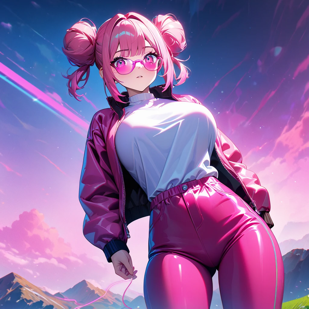 A woman wearing hot pink leather jacket, open jacket, wearing a white shirt with pink string, pink sports pants, sports sneakers, big breasts, hot pink hair, pigtail hair buns, gray bangs, multicolored hair, pink eyes, pink glasses, on a platform synthwave, synthwave aesthetics in place, synthwave sky, mountains in the background, synthwave lawn, UHD , prime work , accurate , anatomically correct , textured skin , super details , high quality , best quality, 8k, high resolution, bokeh effect. (woman alone),
