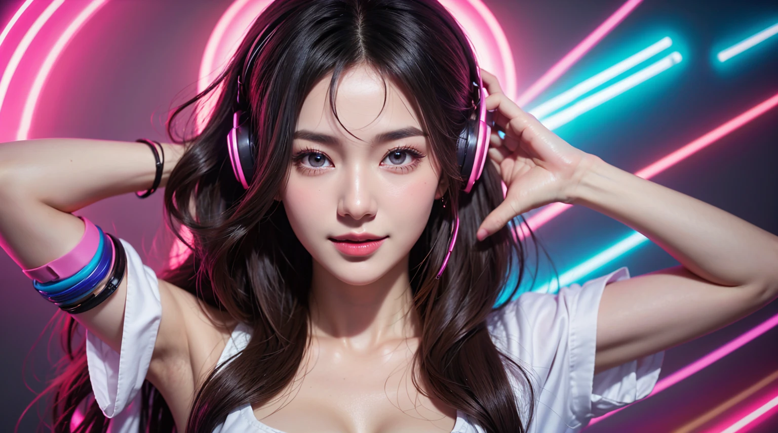 1 girl, beautiful girl DJ, Long wavy hair, face perfect, beautiful gray eyes, lush long eyes, wearing headphone, , listening to music, neon background, tight colored shirt, multicolored environments, Fine body, wide open chest, large breasted, photo of body:1.2, great smile, 8K, ultra HD, high resolution photo, work of art, top quality photo,