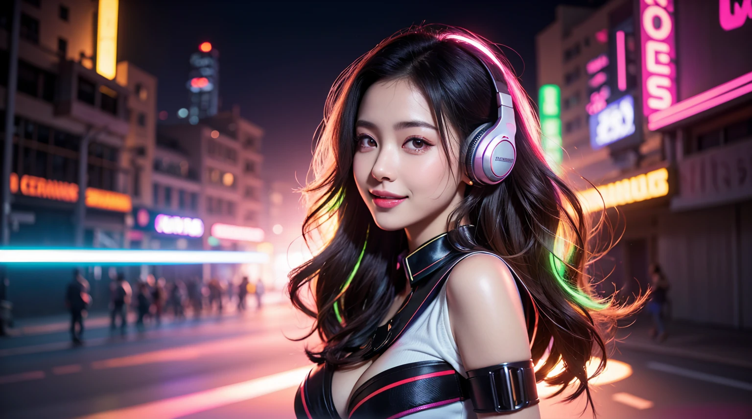 1 girl, beautiful girl DJ, Long wavy hair, face perfect, beautiful gray eyes, lush long eyes, wearing headphone, , listening to music, neon background, tight colored shirt, multicolored environments, Fine body, wide open chest, large breasted, photo of body:1.2, great smile, 8K, ultra HD, high resolution photo, work of art, top quality photo,