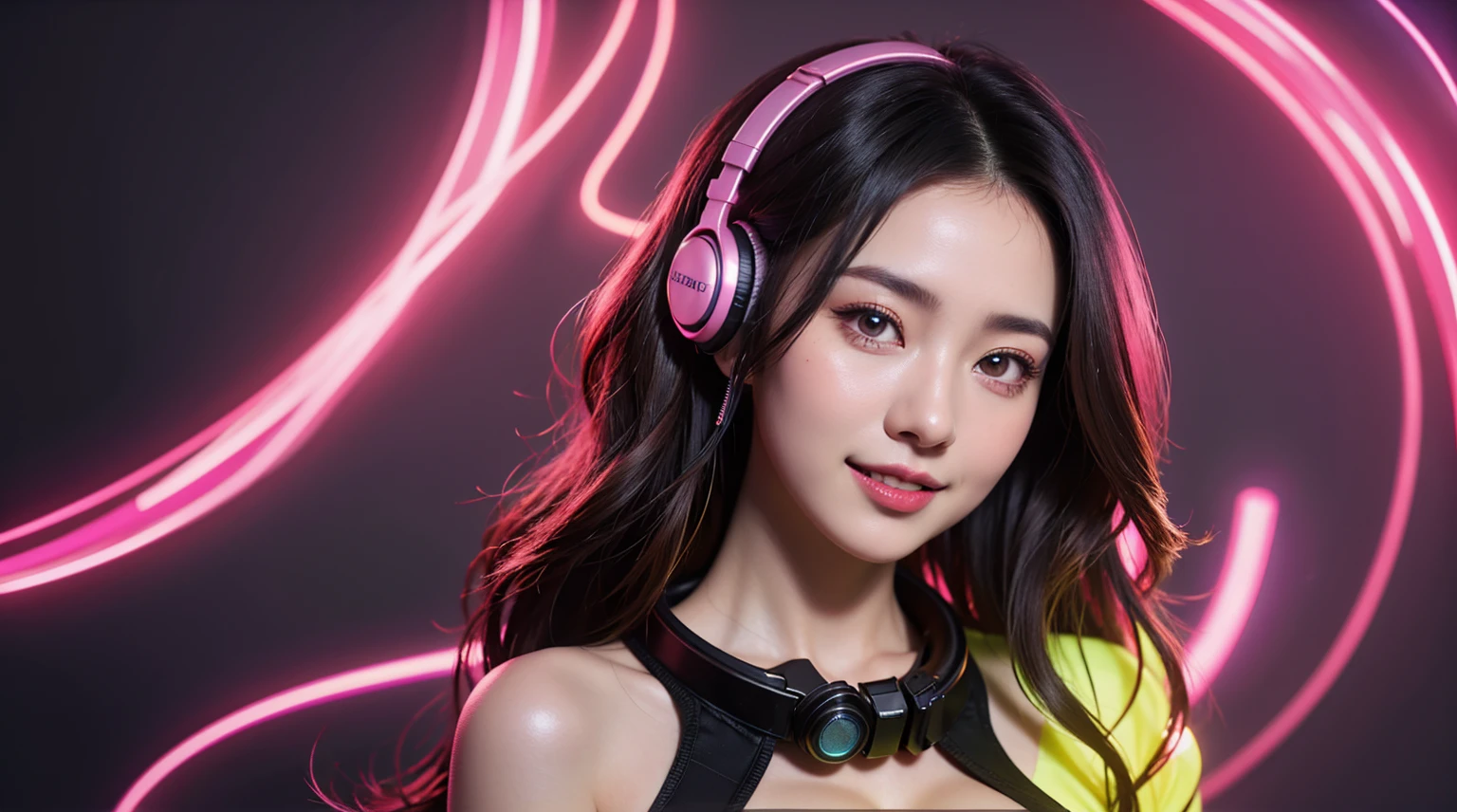 1 girl, beautiful girl DJ, Long wavy hair, face perfect, beautiful gray eyes, lush long eyes, wearing headphone, , listening to music, neon background, tight colored shirt, multicolored environments, Fine body, wide open chest, large breasted, photo of body:1.2, great smile, 8K, ultra HD, high resolution photo, work of art, top quality photo,