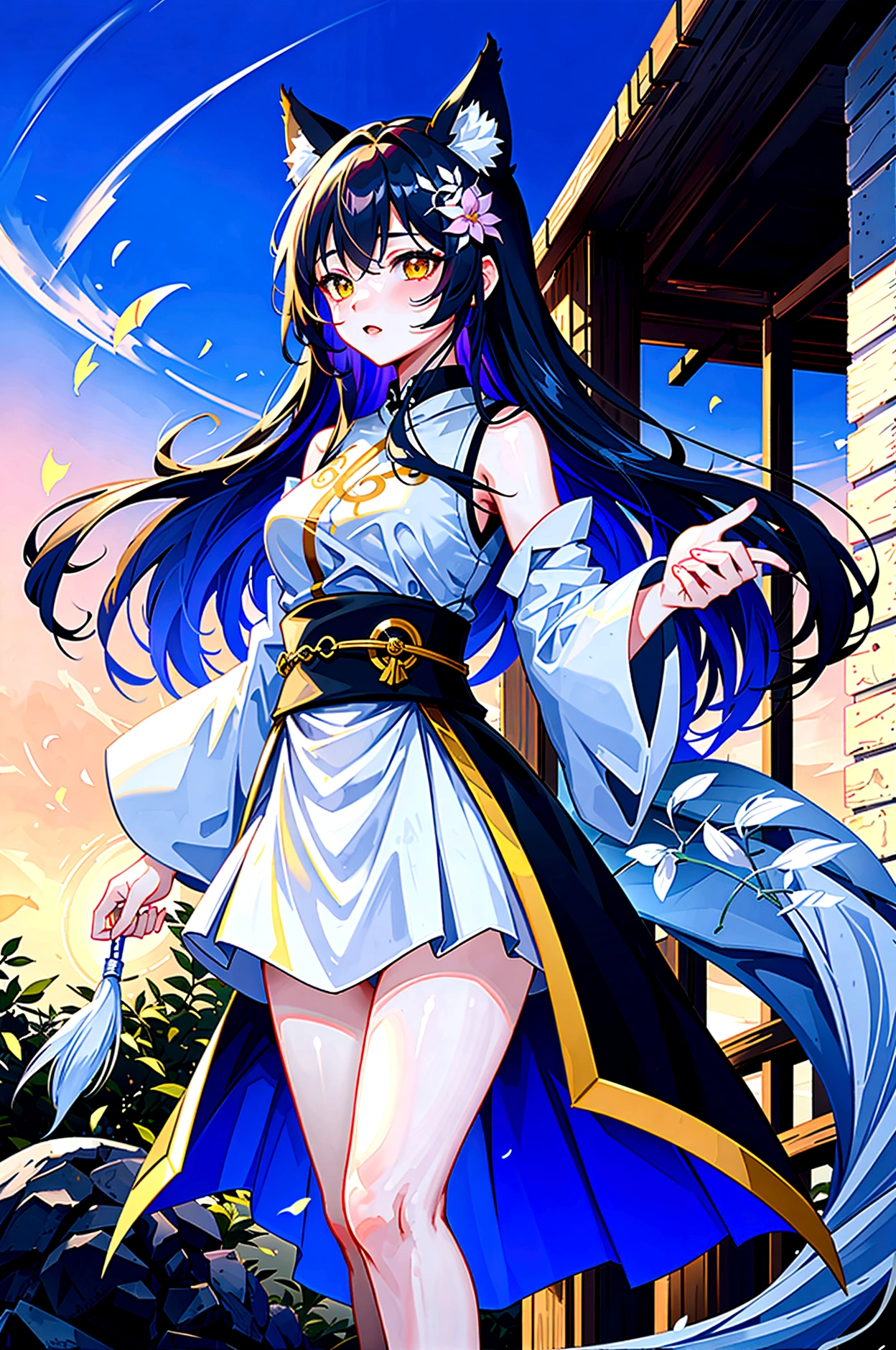 Masterpiece, top quality, best quality, official art, beautiful and aesthetic, anime, 1girl,extremely detailed, colorful, more detailed ((ultra-detailed)), (highly detailed CG illustration),(small breast:1.2),hyuuga hinata, hinata-sleeveless-outfit,village, evening, moon,moonshine, stars,starfalls,from behind.