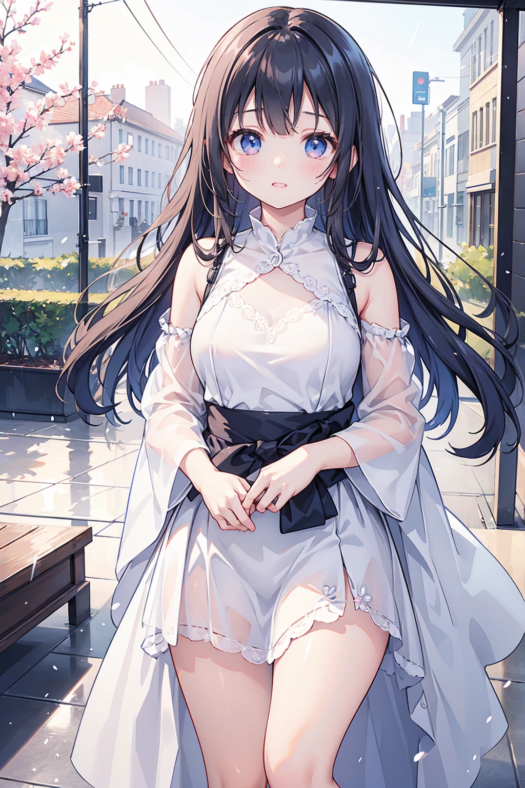 A girl with long black hair wearing a white dress,((Highest quality)), (Very detailed), (High-definition CG synthesis 8K wallpaper), 高いly detailed, 高い-definition raw color photos, Professional photography, (((Bokeh))), Written boundary depth,Small breasts,Early summer sunlight,Underwear visible,French kiss