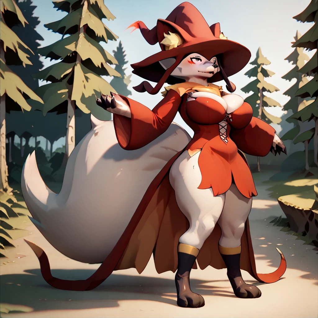 (Wixen)(sexy)(woman)(detailed face)(red witch hat)(white skin)(blush)(red lingerie) detailed clothes, [[fox]] good anatomy(medium size breast)(medium size ass)standing straight, detailed tail, front view, 2d artstyle, (forest), visible breast, (tall woman), blush(tall person), sexy face