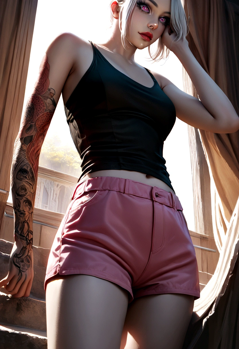 a slender woman with white skin and white hair, wearing a black tank top with pink straps that does not cover her torso, wearing short pink shorts, her legs covered in tattoos, detailed face, beautiful detailed eyes, beautiful detailed lips, extremely detailed eyes and face, long eyelashes, photorealistic, 8k, high quality, masterpiece, cinematic lighting, dramatic shadows, vibrant colors, striking composition