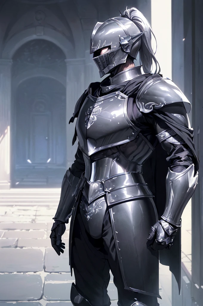 (masterpiece; best quality: 1.2), ((full armored knight woman)), ((solo)), (black eyes: 1.4), (body; toned, strong, femenine: 1.3), (beautiful and clear background: 1.2), ((depth of field)), (equipment: full plate full-black realistic armor + closed helmet with plume + black cape: 1.3), (anime illustration: 1.2), (background composition; garden exterior + furniture: 1.1), (extremely fine and beautiful: 1.1), (shot composition; standing + centered on torso + close-up: 1.5)
