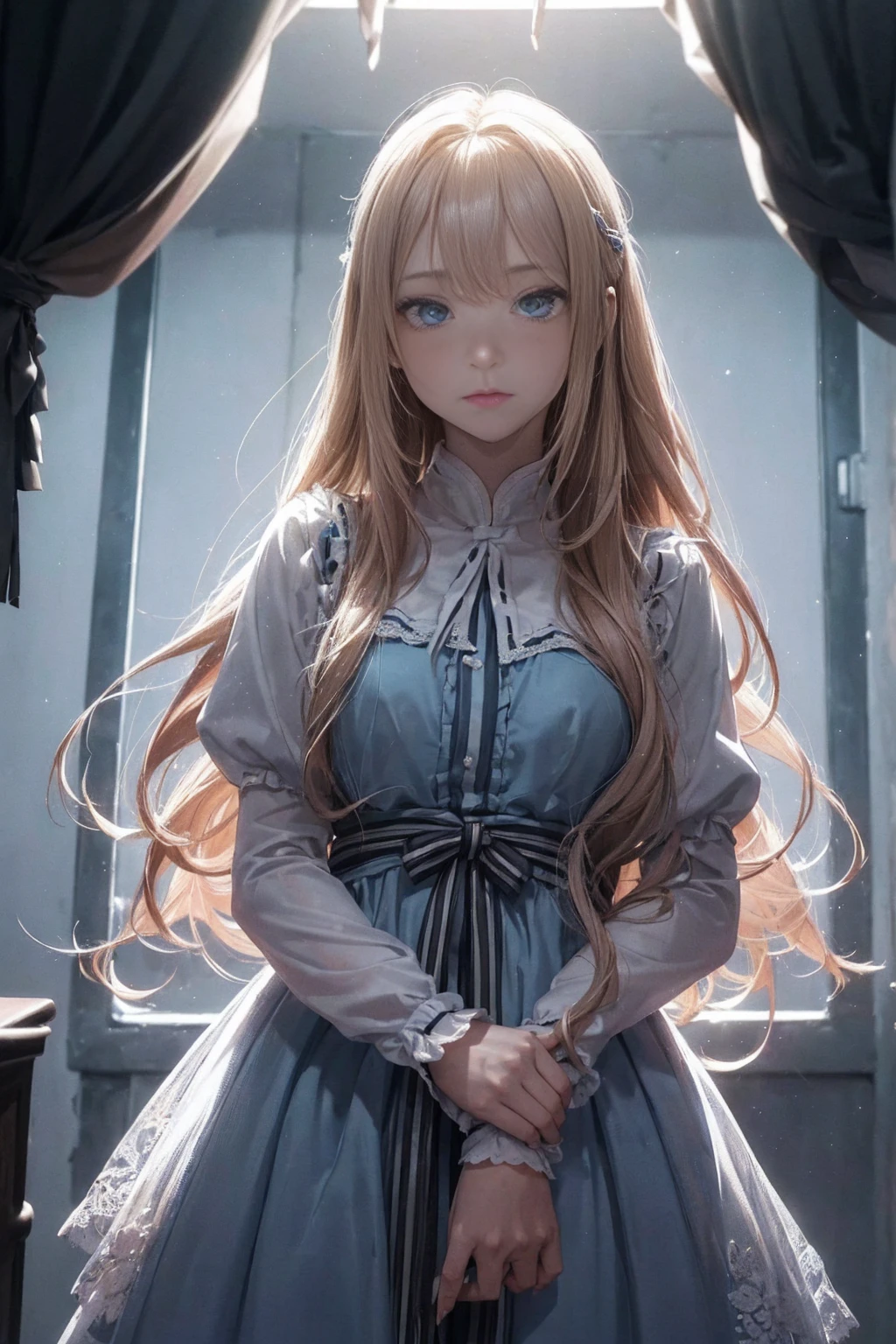 ((1 Female, 1 person, Solitary) Alice,  Humanity, Long curly blond hair, blue eyes, freckle, teenager, 18 years, Rebirth_ongoing) (Main Part, Super detailed, 8K, (HD, Sunlight:0.5, Soft_shadow:0.5, atmosphere_light, 8K, 4K, Surrealism, elegant, ((((Appearance)))), Soft Ton, 柔和的light))(((Dark, Chiaroscuro)))