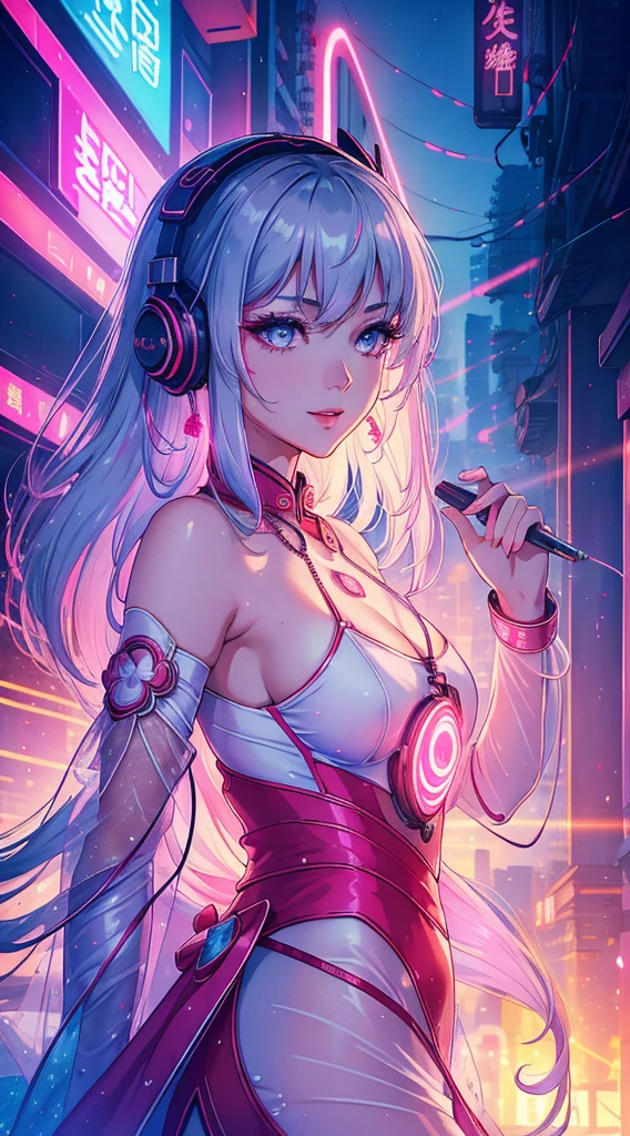 score_9, score_8_up, score_7_up, source_anime BREAK 1girl, solo, standing, alicedef, pink eyes, white hair, twintails, very long hair, bangs, headset, fake animal ears, animal ear headphones, shrug \(clothing\), long sleeves, large breasts, pink bodysuit, latex bodysuit, multicolored gloves, pink gloves, white gloves, looking at viewer, smile, open mouth, dark, darkness, night, night sky